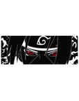 32x12 inches anime mouse pad with Sasuke Uchiha line art, Leaf headband symbol, and Sharingan accent.