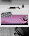 32x12 inches mouse pad with Blossom Horizon, capturing the calm beauty of a cherry blossom tree, serene pink sunset, and distant mountains.