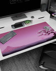 Large 40x20 inches desk pad featuring Blossom Horizon, blending a cherry blossom tree with a serene sunset and distant mountains for a calming effect.