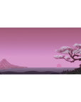 Desk pad featuring Blossom Horizon, 40x20 inches, with a cherry blossom tree against a serene pink sunset and distant mountains.