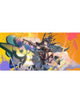 Anime girl desk pad 36x16 inches with goggles, twin pistols, and graffiti paint-drip street art.
