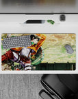 Levi flying through clouds in Attack on Titan anime scene on 32x16 inch mouse pad, vibrant colors and dynamic action.
