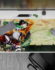Attack on Titan desk pad 40x20 inches featuring Levi soaring through vibrant sky, with rich oranges and greens.