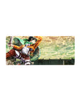 Attack on Titan mouse pad featuring Levi flying through golden clouds, size 28x12 inches, vibrant and dynamic design.
