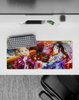 28x12 inches anime girl mouse pad in warm pink petals, purple-teal accents, and cozy festival glow.
