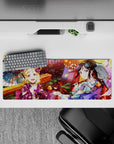 32x12 inches anime girl mouse pad in warm lantern golds, pink petals, koi reds, with teal and purple pops.