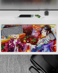 Festival-glow anime girl mouse pad 32x16 inches in pink petals, purple-teal accents, warm sweet tones.