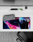 Kaneki from Tokyo Ghoul on 28x12 inch mouse pad with kagune in neon hues, sharp shadows, and vibrant cityscape.