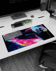 Anime mouse pad 32x16 inches featuring Kaneki from Tokyo Ghoul, showcasing vibrant neon hues and dynamic cityscape.
