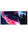 Kaneki from Tokyo Ghoul on a 32x16 inches mouse pad, featuring his kagune in neon hues, adds a badass touch to your desk.