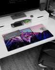 Anime mouse pad sized 32x16 inches featuring Evangelion's Unit-01 with vibrant colors and apocalyptic mountain backdrop.