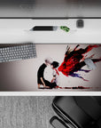 Anime desk pad featuring Kaneki and Touka from Tokyo Ghoul, 36x16 inches, perfect for fans of raw, emotional art.