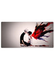 Anime mouse pad 32x16 inches featuring Kaneki and Touka from Tokyo Ghoul, blood-soaked with her kagune in crimson chaos.