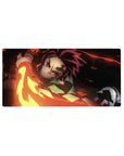 Tanjiro from Demon Slayer swings fiery sword, red and gold, on 32x16 inch anime mouse pad. Background fades to black.