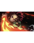 Tanjiro's fiery blade mid-swing on a 40x20 inch anime mouse pad, with searing reds, golds, and a blazing black backdrop.