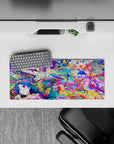 28x12 inches neon hot pink, aqua, and lemon yellow anime mouse pad with playful candy-splash chaos.