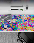 36x16 inches neon pink, aqua and lemon yellow anime desk pad, candy-splash chaos with confetti.