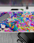 Neon candy-splash anime desk pad 40x20 inches in hot pink, aqua, lemon yellow, playful chaotic vibe.