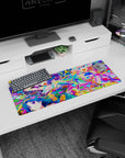 32x12 inches anime girl mouse pad showing four laughing anime girls amid candy-like neon splatter art.