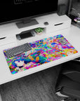 32x16 inches anime girl mouse pad showing four laughing anime girls in a candy-splash scene with confetti dots.