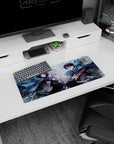Mikasa and Levi from Attack on Titan in action on a 28x12 inch anime mouse pad, capturing intense motion and sharp focus.