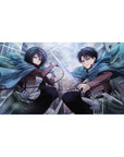 Anime mouse pad 40x20 inches featuring Mikasa and Levi from Attack on Titan in dynamic mid-air battle scene.