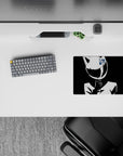 High-contrast black-and-white anime girl mouse pad 14x10 inches, calm daring vibe with sharp blue accent.