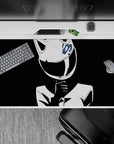 High-contrast black and white anime desk pad 40x20 inches, sleek minimalist shading, bold calm vibe.