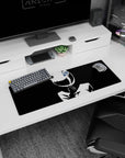 32x12 inches anime girl desk mat showing a helmeted girl touching her collar, crisp silhouette and attitude.