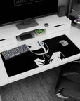 Anime girl desk pad 36x16 inches showing her hand at the collar, cat-ear helmet shining like she’s hiding a secret.