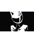 Anime girl desk pad 40x20 inches with glossy cat-ear helmet and blue emblem, street-racer style.