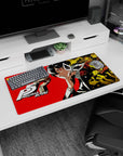 Anime mouse pad 32x16 inches featuring Persona 5 Royal's Joker, Kasumi, and Futaba in vibrant red, black, and gold.