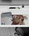 32x12 inches anime girl mouse pad in warm sunset pastels, creamy whites and tan tones, soft bittersweet vibe.