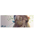 32x12 inches anime girl mouse pad with Nanachi at sunset, glossy eyes, drifting green leaves, cozy desk mat.