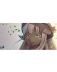 36x16 inches anime girl desk pad with Nanachi gazing up, glossy eyes, tiny tears, and floating leaf shapes.
