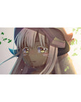 40x20 inches anime girl desk pad with Nanachi in sunset glow, creamy white and tan fur, drifting green leaves.