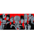 Jujutsu Kaisen desk pad 36x16 highlighting Yuji Gojo and team in black and red for immersive setups