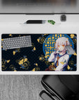 32x16 inches teal night-pond anime desk mat, cozy mischievous vibe with gold koi and soft contrast.