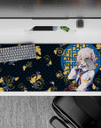 Cozy teal night-pond vibe desk pad 36x16 inches with silver, gold koi accents, calm playful anime style.