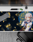 40x20 inches desk pad in deep teal night-pond tones with gold koi accents, cozy mischievous vibe.