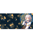 Anime girl desk pad 36x16 inches with blue lattice window, gold koi fish, and swirling ripples design.