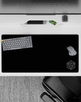 Deep midnight anime mouse pad 32x16 inches, calm negative space and crisp white sigil, secret-lab mood.