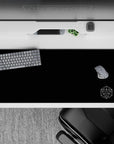 36x16 inches anime desk pad in deep midnight blue with crisp white lines, calm negative space, secret-lab mood.