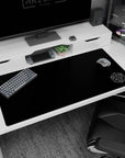 Corner alchemy sigil scene on anime desk pad 40x20 inches, secret-lab vibe with small runes and circles.