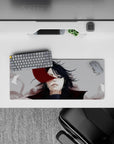 Dark gray smoke and deep shadows with bold crimson accent on an anime mouse pad 28x12 inches, late-night vibe.