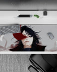 Moody gray-smoke anime desk pad 36x16 inches with deep shadows and a vivid crimson slash across the face.