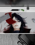 Moody anime desk pad 40x20 inches in deep shadows, soft gray smoke, and bold crimson accents.