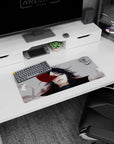 Calm black-haired anime character with red slash across the face, misty backdrop on mouse pad 28x12 inches.