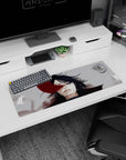 32x12 inches anime mouse pad featuring calm black-haired character, wind-tossed hair, red slash across face, smoke.