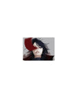 Classic anime mouse pad 14x10 inches with windblown black-haired figure, red ribbon slash, smoky backdrop.